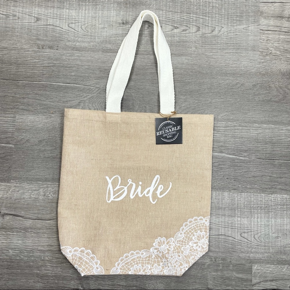 Bridal Bag "Bride" Jute Embroidered Tote Beige NWT